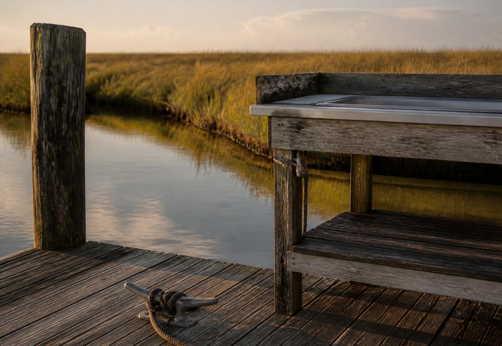 Weathered private dock with a fish-cleaning table on a Louisiana marsh canal